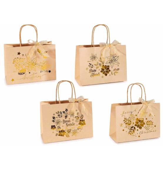 Sacchetto medio regalo in carta kraft con stampa Natalizia oro e fiocchetto 40pz.